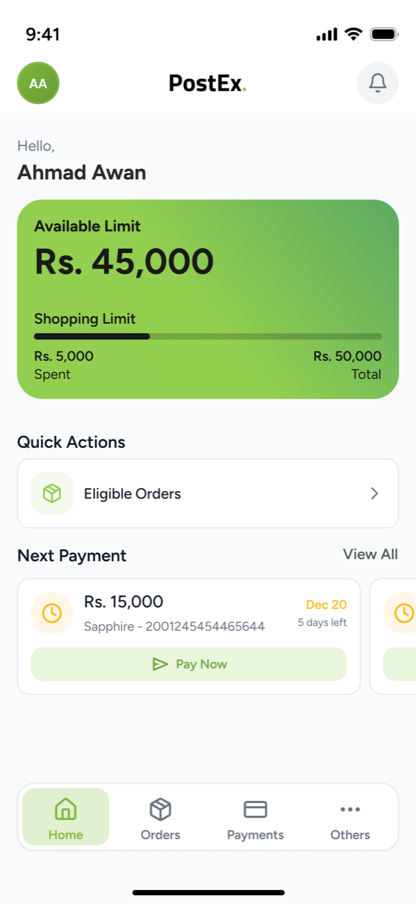 PostEx PayLater app home screen showing available limit of Rs. 45,000 and next payment