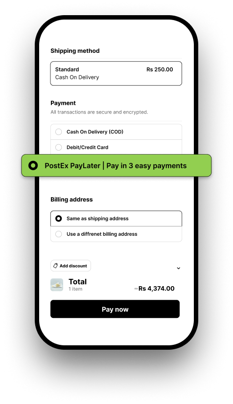 Checkout screen with PostEx PayLater selected as the payment method: Pay in 3 easy payments
